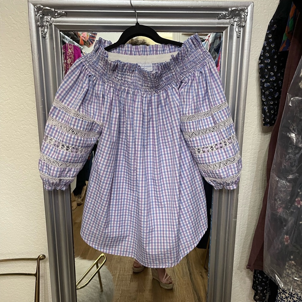 Mi Golondrina off the shoulder gingham tunic blouse. Purple and white Women xs